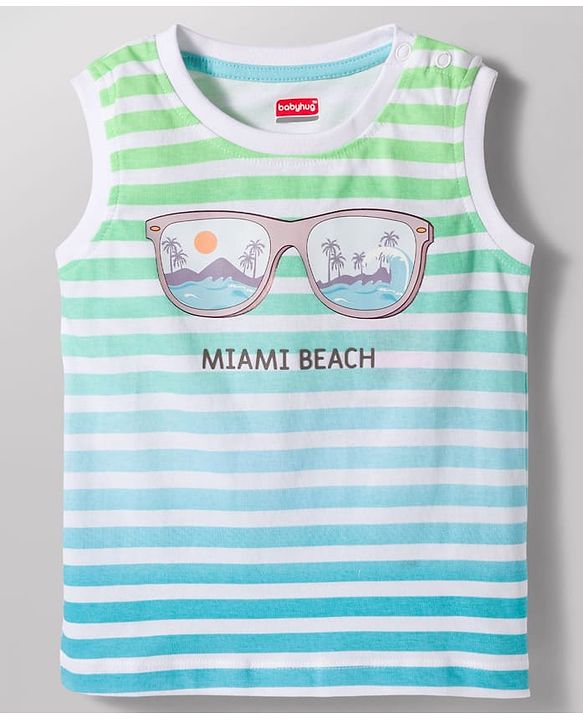 Babyhug 100% Cotton Knit Sleeveless Striped & Beach Theme Printed Tank T-Shirt & Shorts Set - Multicolour