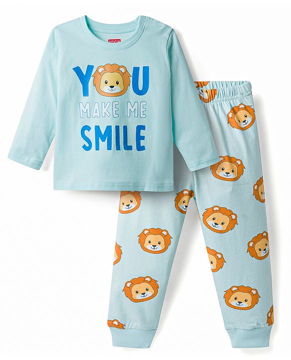 Babyhug Cotton Knit Full Sleeves Lion Printed T-Shirt & Pyjama Night Suit- Light Blue