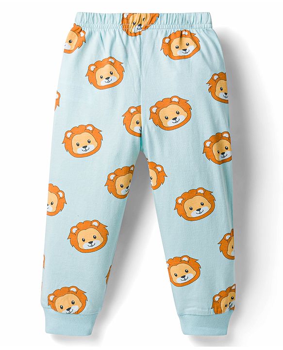 Babyhug Cotton Knit Full Sleeves Lion Printed T-Shirt & Pyjama Night Suit- Light Blue