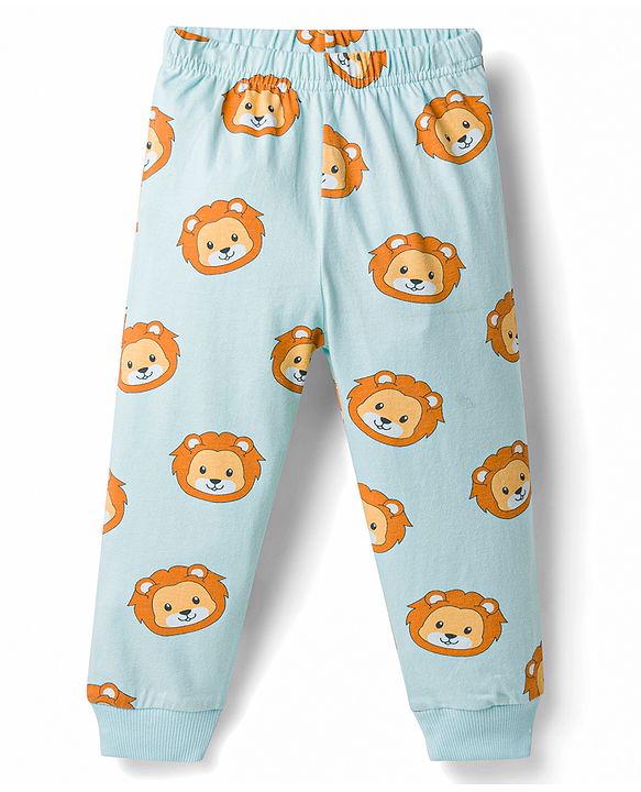 Babyhug Cotton Knit Full Sleeves Lion Printed T-Shirt & Pyjama Night Suit- Light Blue