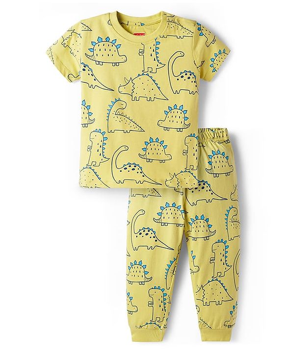 Babyhug Cotton Knit Half Sleeves T-Shirt & Pyjama Night Co-ord Night Suit With Dino Print - Green