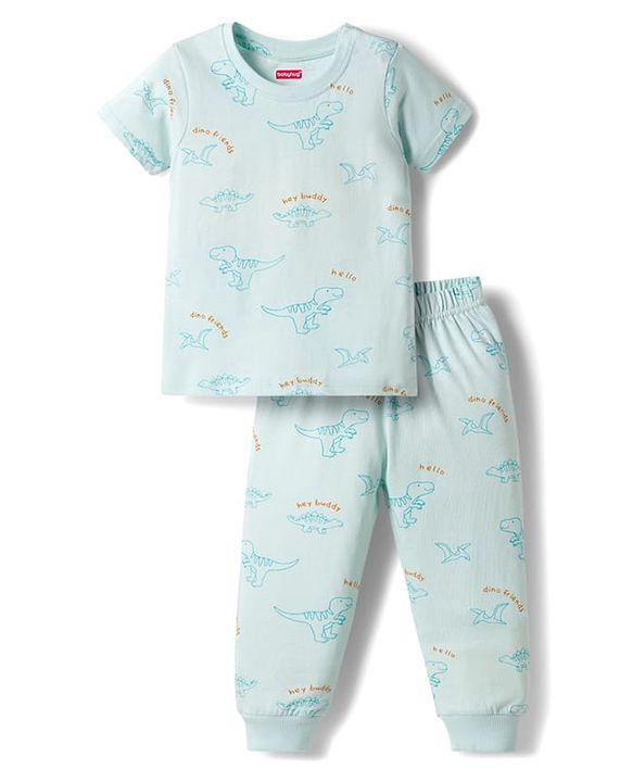 Babyhug Cotton Knit Half Sleeves T-Shirt & Pajama Night Suits with Dino Print - Blue