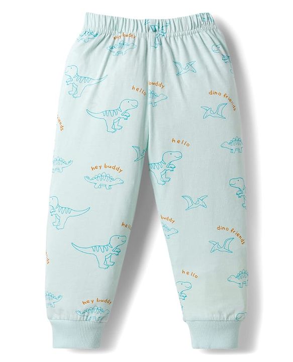 Babyhug Cotton Knit Half Sleeves T-Shirt & Pajama Night Suits with Dino Print - Blue