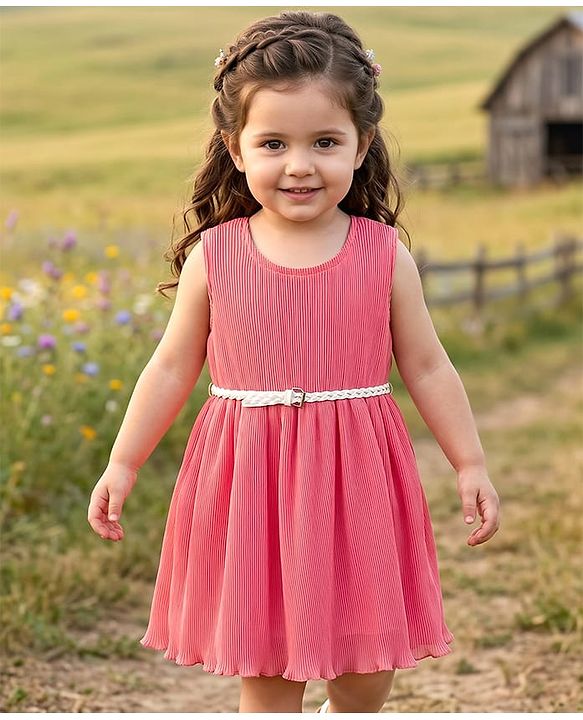 Babyhug Woven Sleeveless Solid Color Frock with Belt - Pink