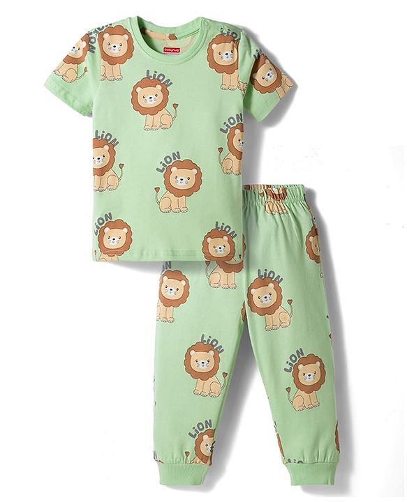 Babyhug Cotton Knit Full Sleeves T-Shirt & Pyjama Co-ord Night Suit With Lion Print - Green