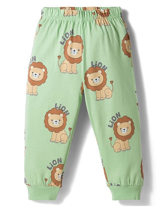 Babyhug Cotton Knit Full Sleeves T-Shirt & Pyjama Co-ord Night Suit With Lion Print - Green