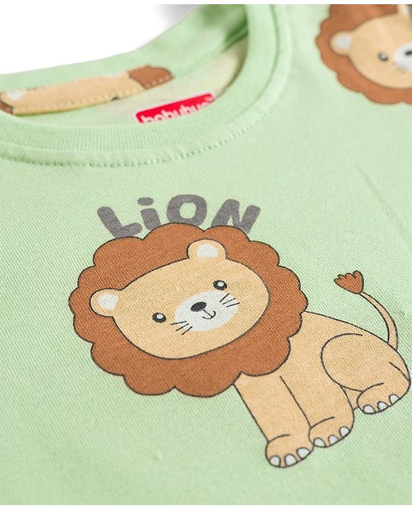 Babyhug Cotton Knit Full Sleeves T-Shirt & Pyjama Co-ord Night Suit With Lion Print - Green