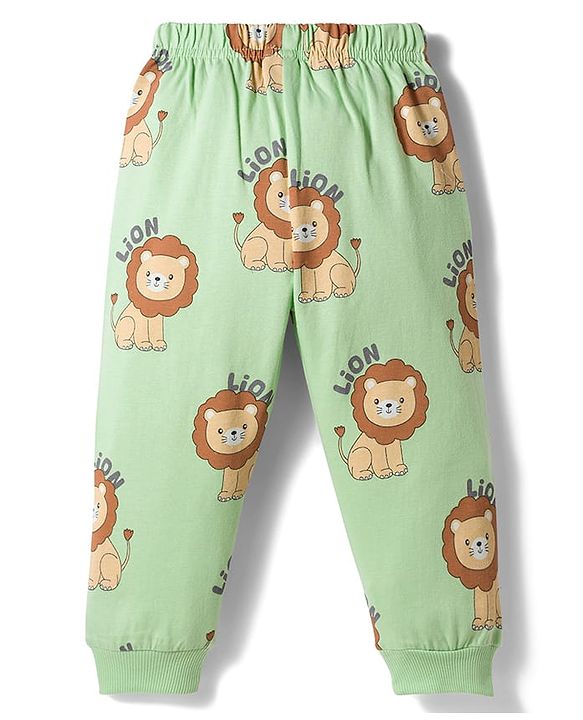 Babyhug Cotton Knit Full Sleeves T-Shirt & Pyjama Co-ord Night Suit With Lion Print - Green