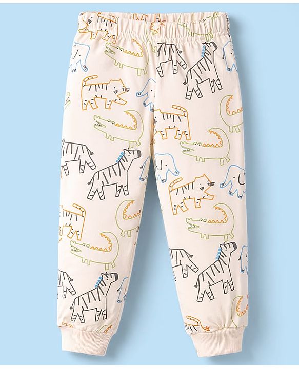 Babyhug Cotton Knit Full Sleeves T-Shirt & Pyjama Co-ord Night Suit with Animal Print - Brown