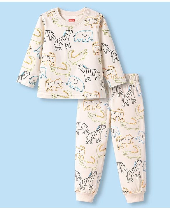 Babyhug Cotton Knit Full Sleeves T-Shirt & Pyjama Co-ord Night Suit with Animal Print - Brown