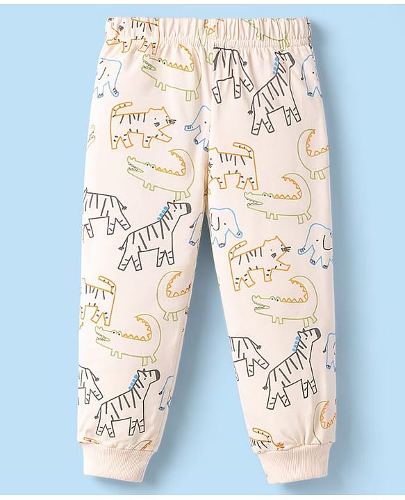 Babyhug Cotton Knit Full Sleeves T-Shirt & Pyjama Co-ord Night Suit with Animal Print - Brown