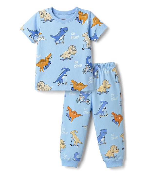 Babyhug Cotton Knit Half Sleeves Dino Printed Co-Ords T-Shirt & Pyjama Night Suit - Blue