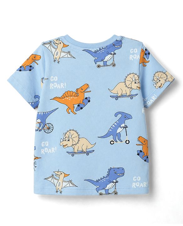 Babyhug Cotton Knit Half Sleeves Dino Printed Co-Ords T-Shirt & Pyjama Night Suit - Blue