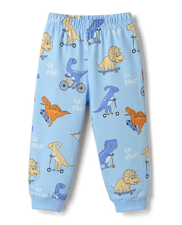 Babyhug Cotton Knit Half Sleeves Dino Printed Co-Ords T-Shirt & Pyjama Night Suit - Blue