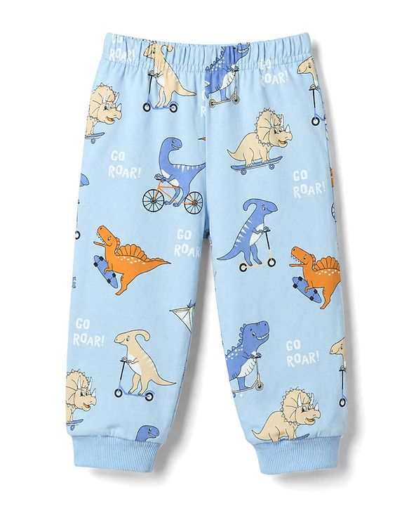 Babyhug Cotton Knit Half Sleeves Dino Printed Co-Ords T-Shirt & Pyjama Night Suit - Blue