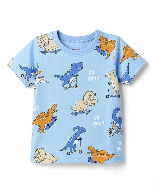 Babyhug Cotton Knit Half Sleeves Dino Printed Co-Ords T-Shirt & Pyjama Night Suit - Blue