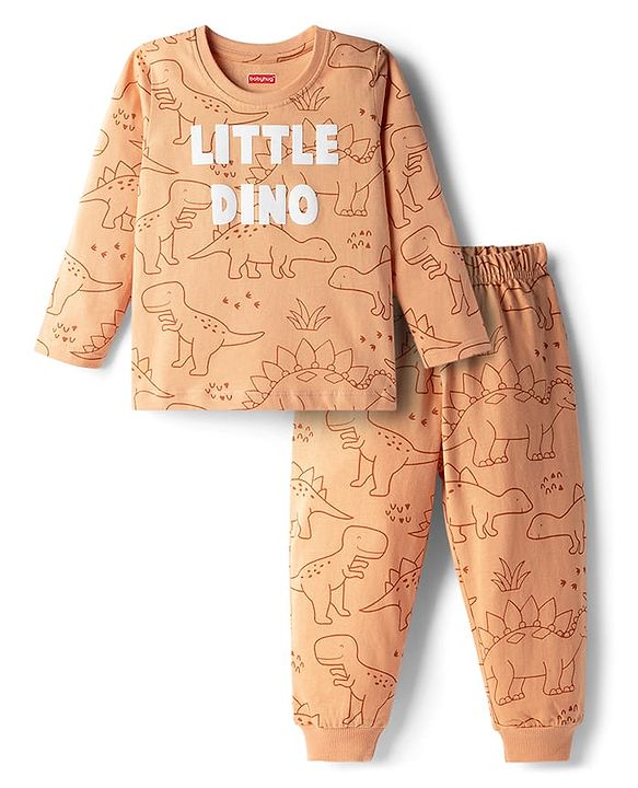 Babyhug Cotton Knit Full Sleeves T-Shirt & Pyjama Co-ord Night Suit With Dino Print - Brown