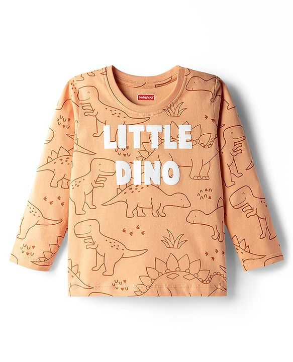 Babyhug Cotton Knit Full Sleeves T-Shirt & Pyjama Co-ord Night Suit With Dino Print - Brown