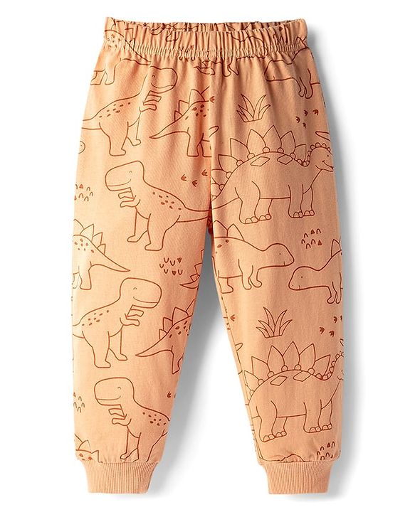 Babyhug Cotton Knit Full Sleeves T-Shirt & Pyjama Co-ord Night Suit With Dino Print - Brown