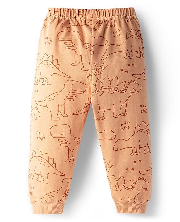 Babyhug Cotton Knit Full Sleeves T-Shirt & Pyjama Co-ord Night Suit With Dino Print - Brown