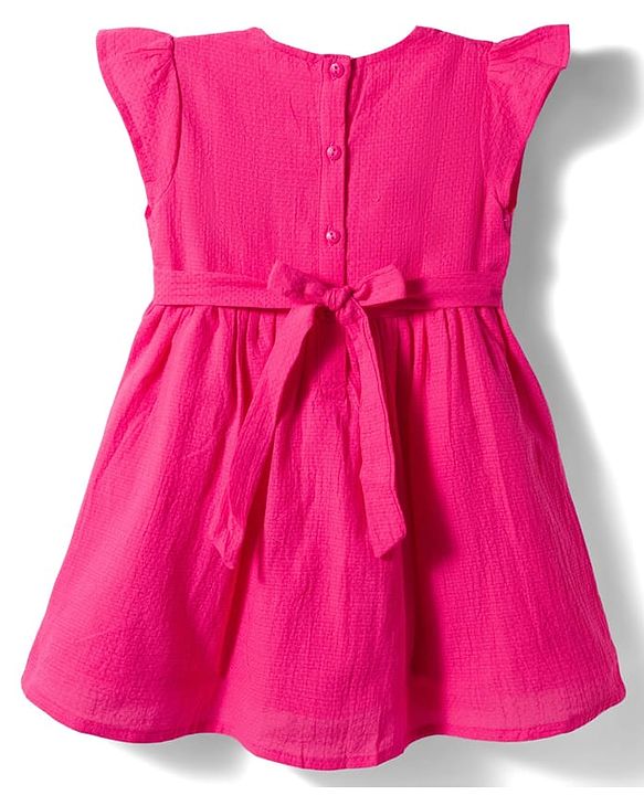 Babyhug Twill Woven Sleeveless Floral Embroidered Frock with Frill Detailing - Pink