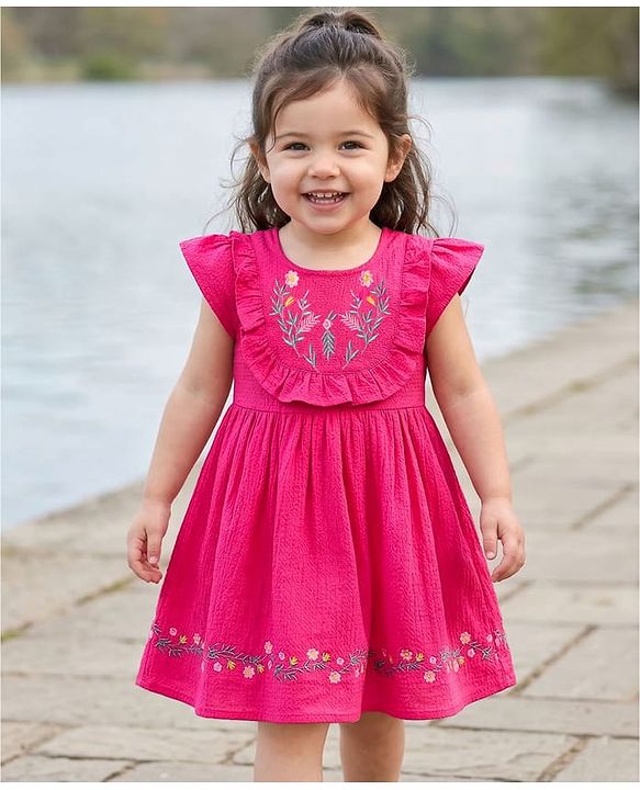 Babyhug Twill Woven Sleeveless Floral Embroidered Frock with Frill Detailing - Pink