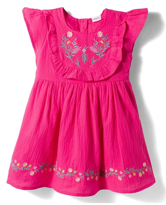 Babyhug Twill Woven Sleeveless Floral Embroidered Frock with Frill Detailing - Pink
