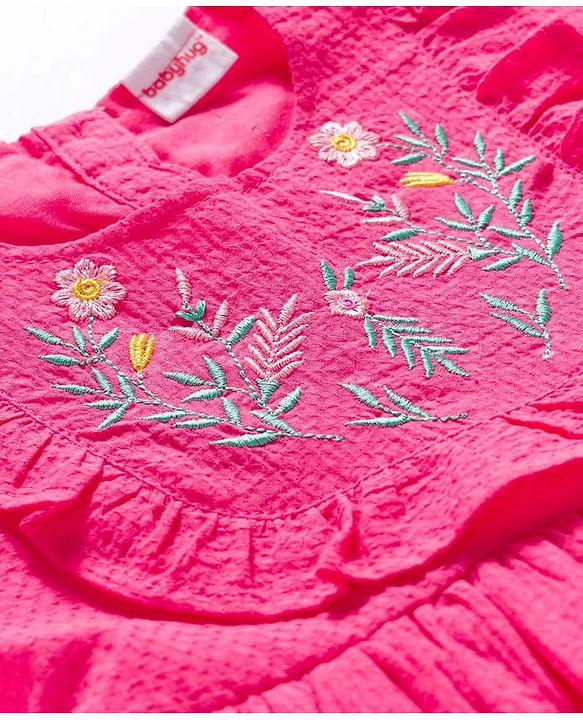 Babyhug Twill Woven Sleeveless Floral Embroidered Frock with Frill Detailing - Pink