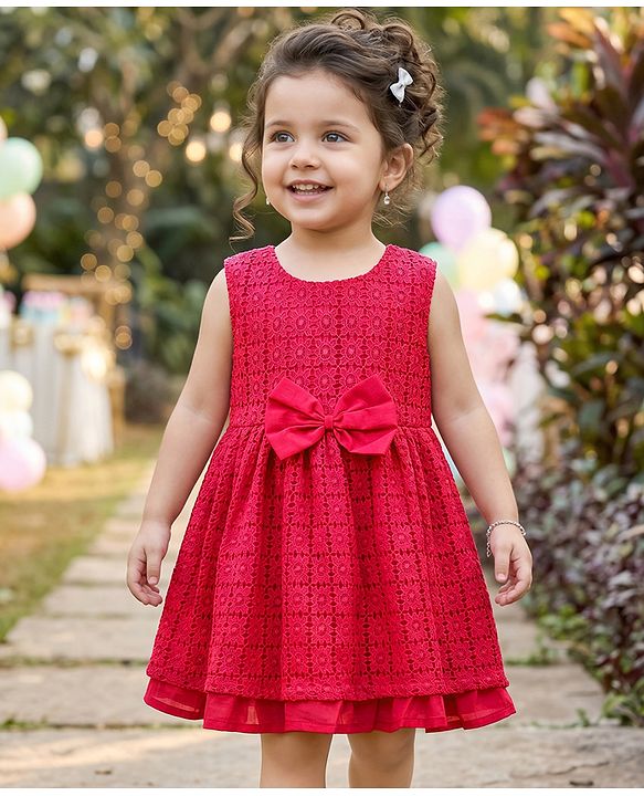 Babyhug Lace Woven Sleeveless Frock with Bow Applique - Dark Pink