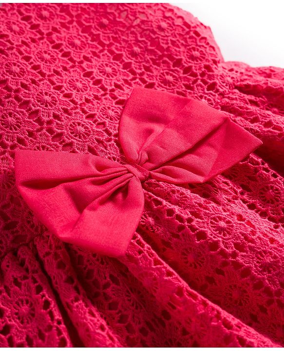 Babyhug Lace Woven Sleeveless Frock with Bow Applique - Dark Pink