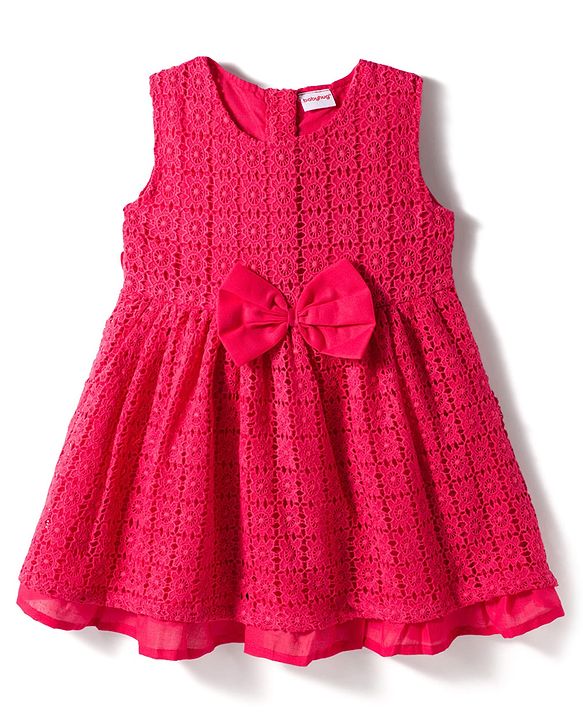 Babyhug Lace Woven Sleeveless Frock with Bow Applique - Dark Pink