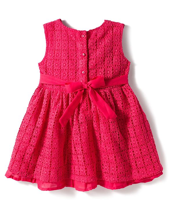Babyhug Lace Woven Sleeveless Frock with Bow Applique - Dark Pink