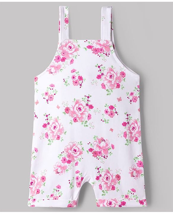 Babyhug Single Jersey Knit Half Sleeves Romper Style Dungaree & Peter Pan Collared T-Shirt With Floral Print - Pink & White