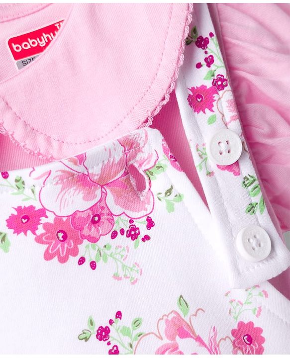 Babyhug Single Jersey Knit Half Sleeves Romper Style Dungaree & Peter Pan Collared T-Shirt With Floral Print - Pink & White