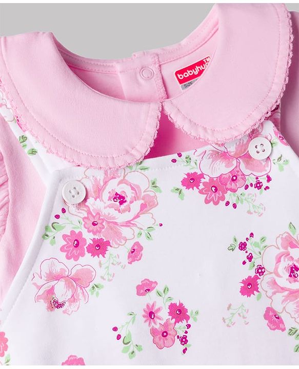 Babyhug Single Jersey Knit Half Sleeves Romper Style Dungaree & Peter Pan Collared T-Shirt With Floral Print - Pink & White