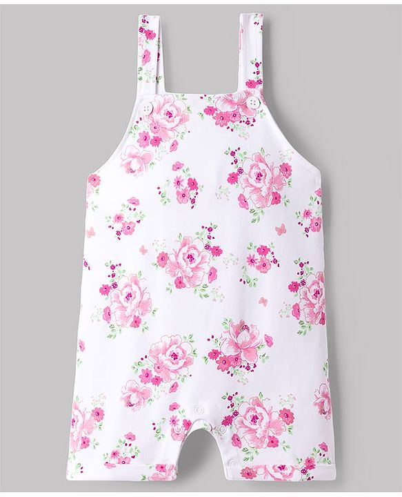 Babyhug Single Jersey Knit Half Sleeves Romper Style Dungaree & Peter Pan Collared T-Shirt With Floral Print - Pink & White