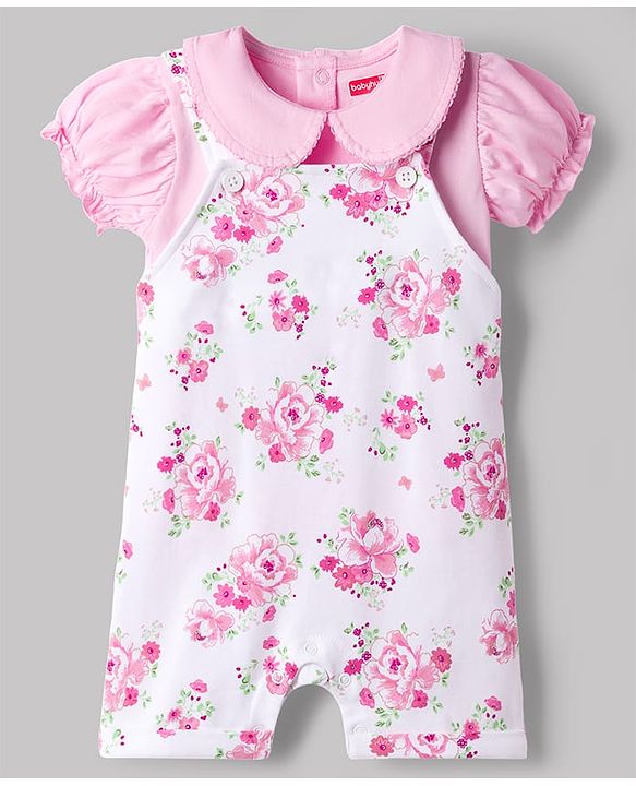 Babyhug Single Jersey Knit Half Sleeves Romper Style Dungaree & Peter Pan Collared T-Shirt With Floral Print - Pink & White