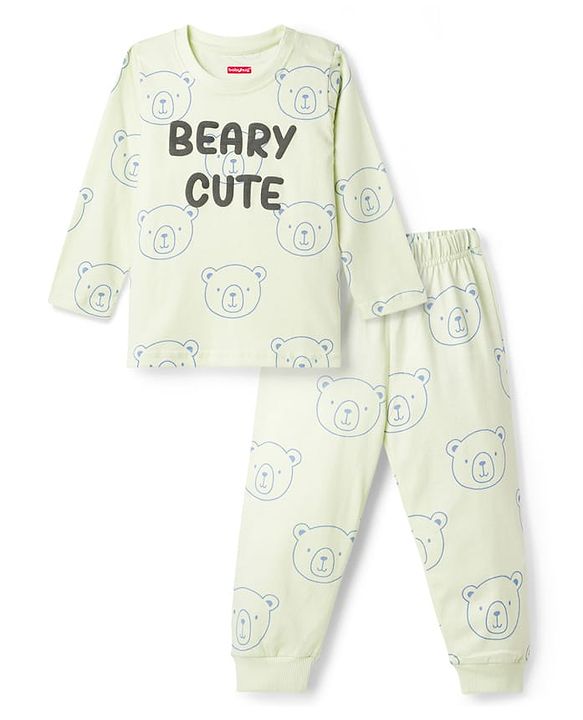 Babyhug Cotton Knit Full Sleeves T-Shirt & Pyjama Night-Suit With Bear Print - Green