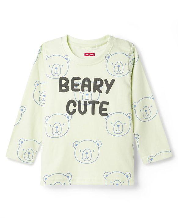 Babyhug Cotton Knit Full Sleeves T-Shirt & Pyjama Night-Suit With Bear Print - Green