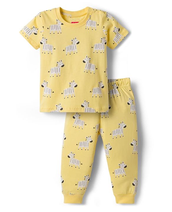 Babyhug Cotton Knit Half Sleeves T-Shirt & Pyjama Night Co-ord Night Suit With Zebra Print - Yellow