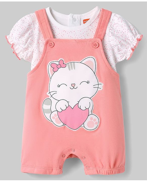 Babyhug Single Jersey Knit Romper Style Dungaree & T-Shirt With Kitten & Polka Dots Print - Pink & White