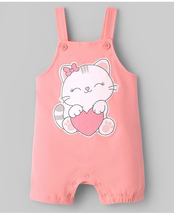 Babyhug Single Jersey Knit Romper Style Dungaree & T-Shirt With Kitten & Polka Dots Print - Pink & White