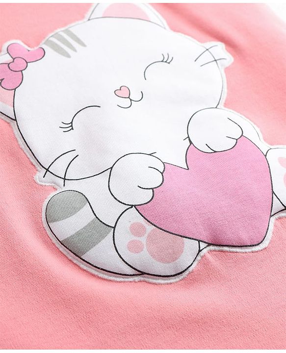 Babyhug Single Jersey Knit Romper Style Dungaree & T-Shirt With Kitten & Polka Dots Print - Pink & White