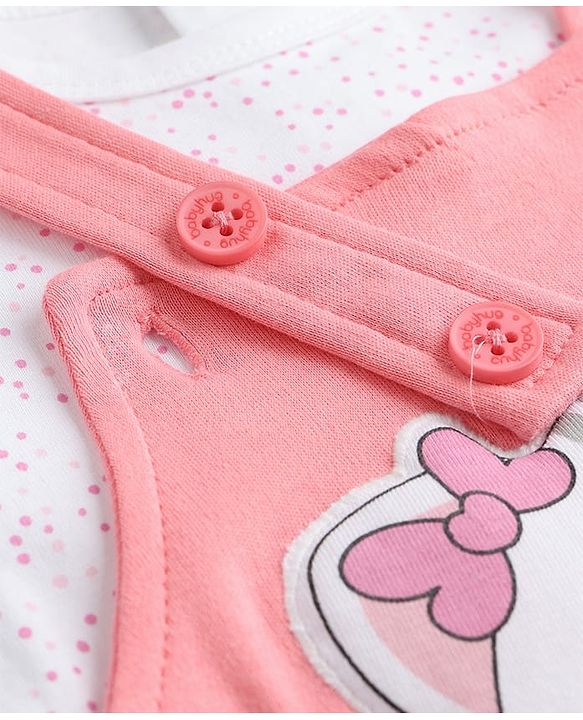 Babyhug Single Jersey Knit Romper Style Dungaree & T-Shirt With Kitten & Polka Dots Print - Pink & White