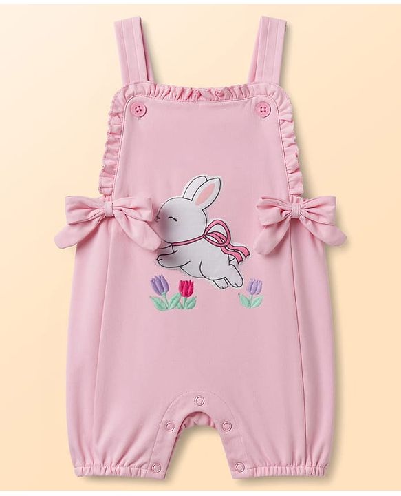 Babyhug Single Jersey Knit Dungaree & Half Sleeves Inner Tee with Bunny Patch - White & Pink
