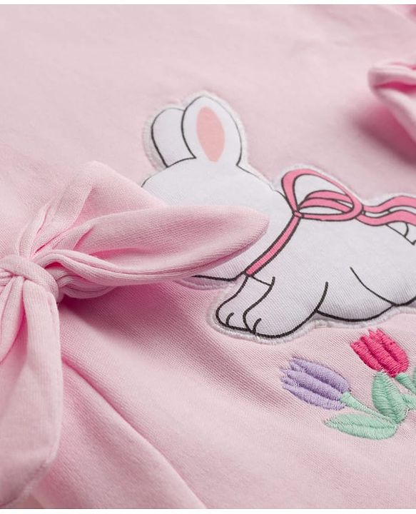 Babyhug Single Jersey Knit Dungaree & Half Sleeves Inner Tee with Bunny Patch - White & Pink