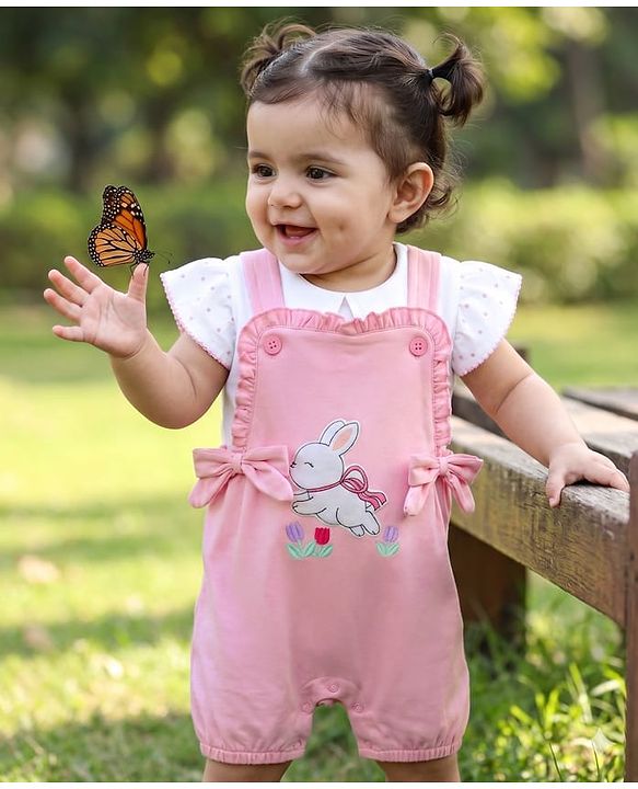 Babyhug Single Jersey Knit Dungaree & Half Sleeves Inner Tee with Bunny Patch - White & Pink