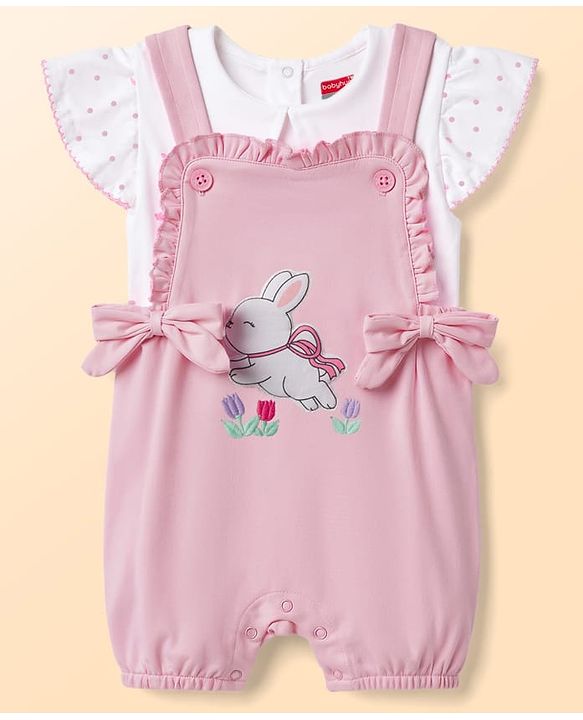 Babyhug Single Jersey Knit Dungaree & Half Sleeves Inner Tee with Bunny Patch - White & Pink