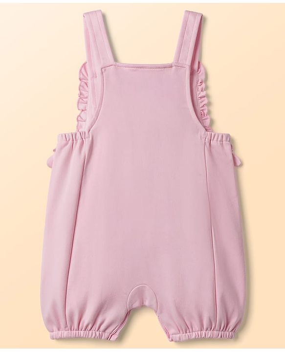 Babyhug Single Jersey Knit Dungaree & Half Sleeves Inner Tee with Bunny Patch - White & Pink