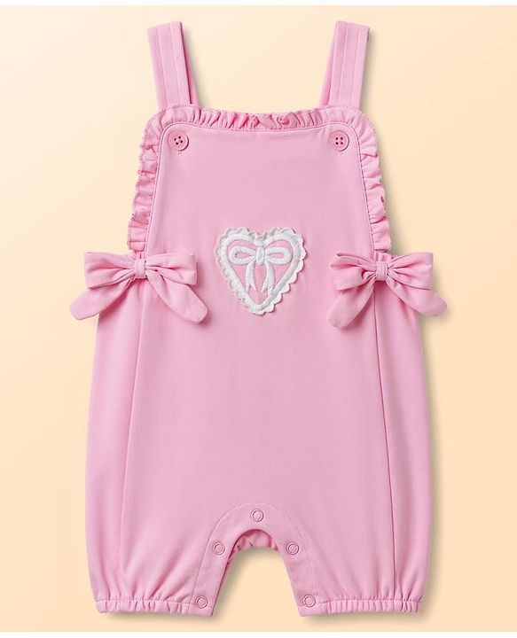 Babyhug Single Jersey Knit Dungaree & Half Sleeves Inner Tee with Bow Embroidery - White & Pink